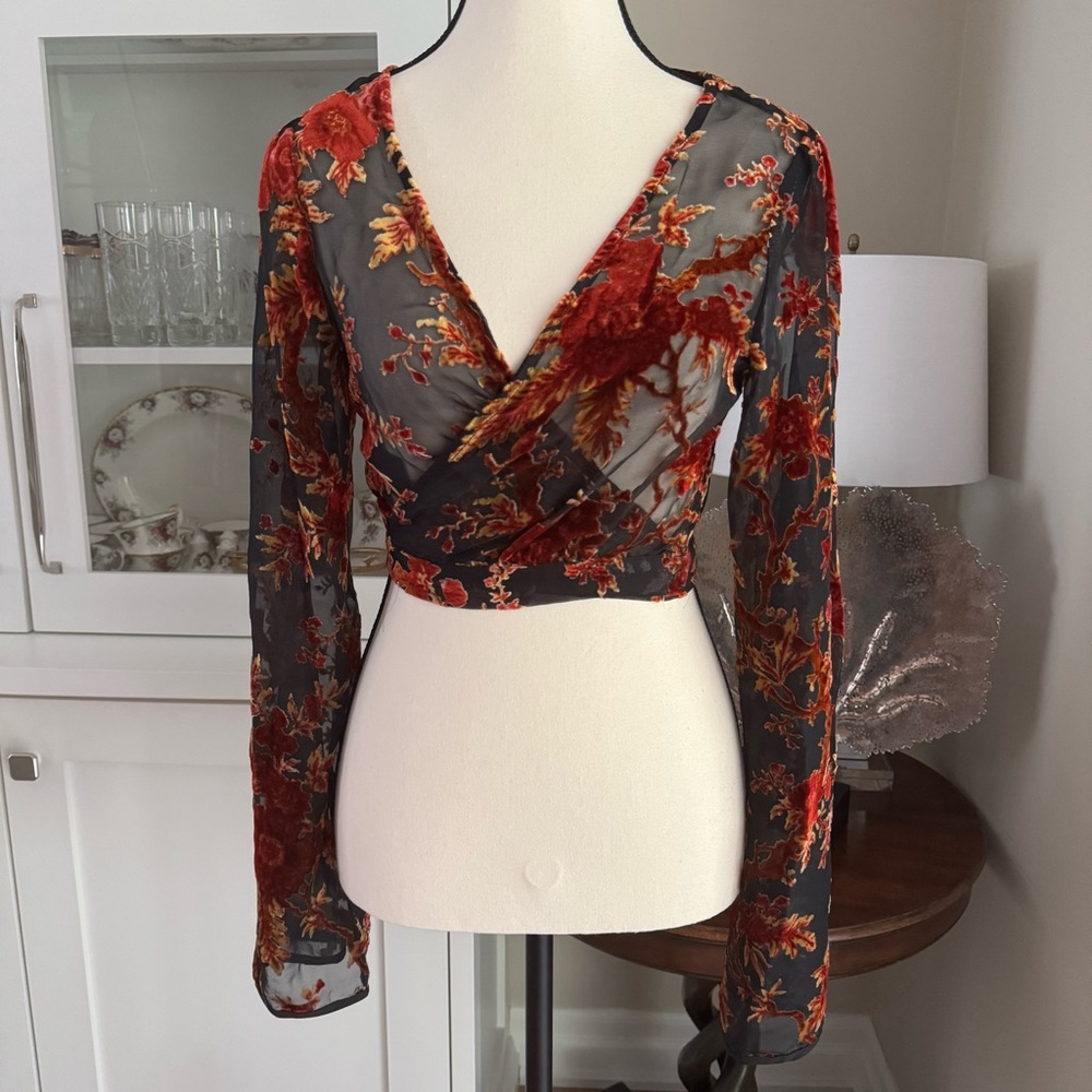 Tiger Mist Red and Black Floral Crop Top